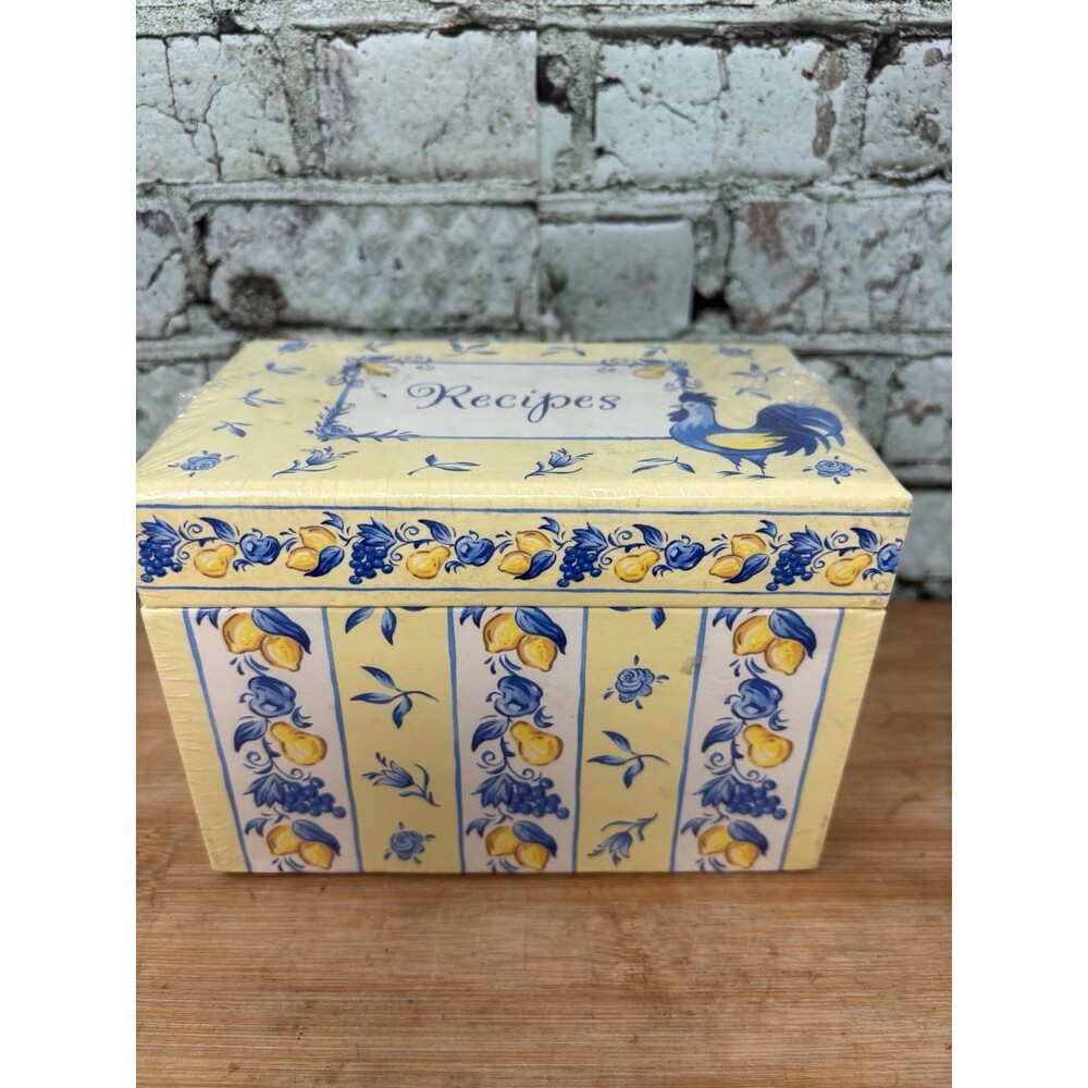 Farmhouse French Country Cardboard Recipe Box Rooster Lemon 2002 NIP BLUE YELLOW